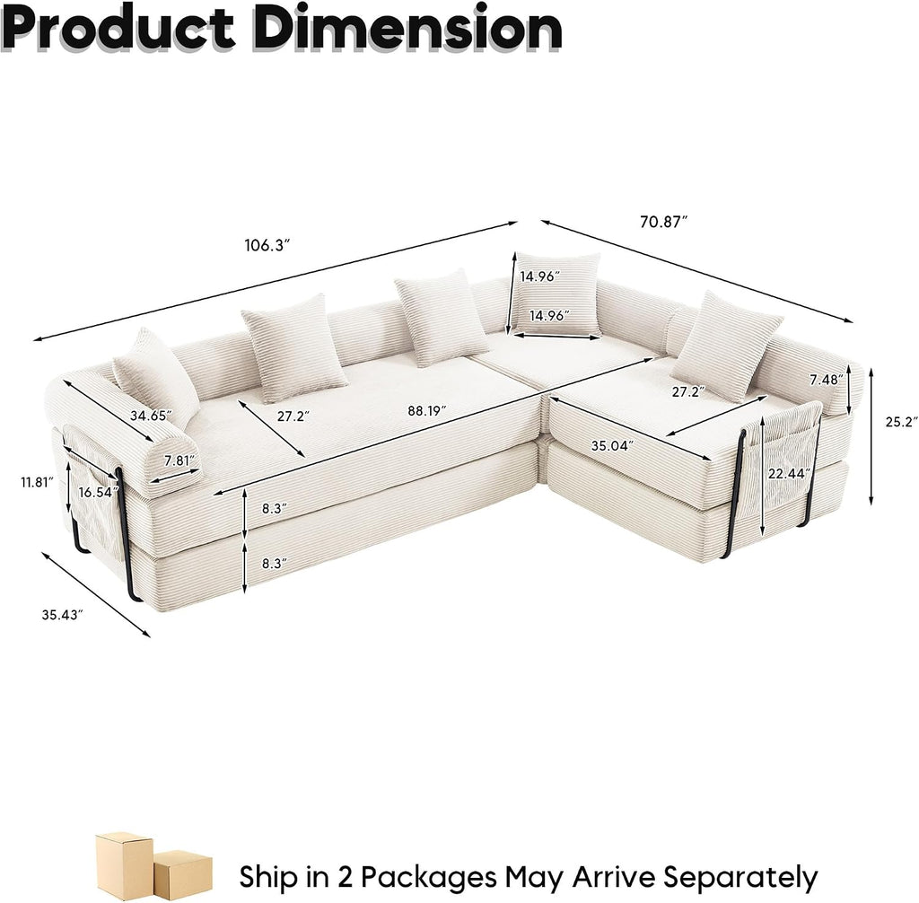 Oversized Modular Cloud Couch for Living Room, Corduroy L-Shaped Sectional Sleeper Sofa Bed with Fixed-Shape Frame, Modern Boneless Couch with Pillows & Storage, Beige White