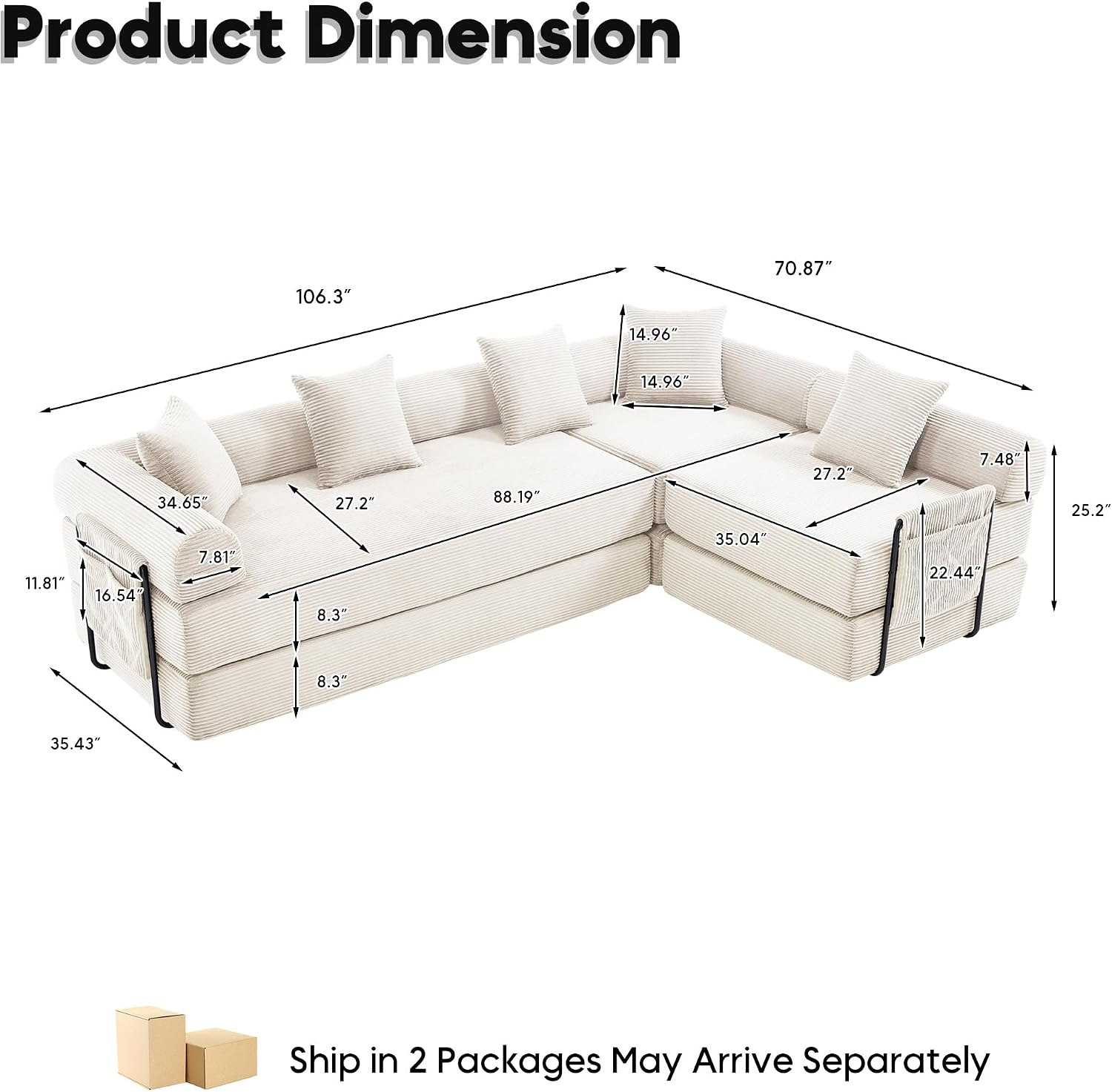 Oversized Modular Cloud Couch for Living Room, Corduroy L-Shaped Sectional Sleeper Sofa Bed with Fixed-Shape Frame, Modern Boneless Couch with Pillows & Storage, Beige White