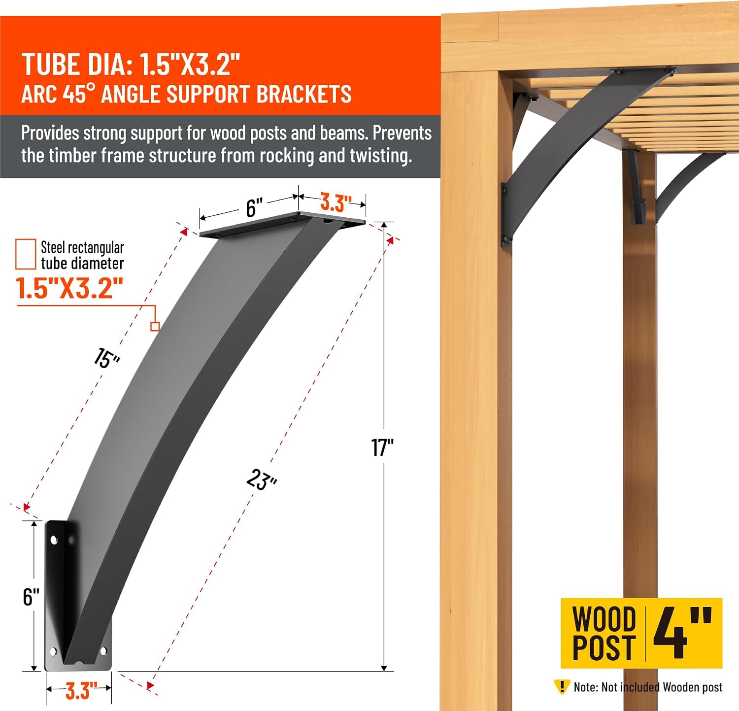 Q235-Steel Integrated Arc 2''x4''(Actual Tube Dia: 1.5''x 3.2'') 45 Degree Angle Support Pergola Brackets Heavy Duty 8Pack