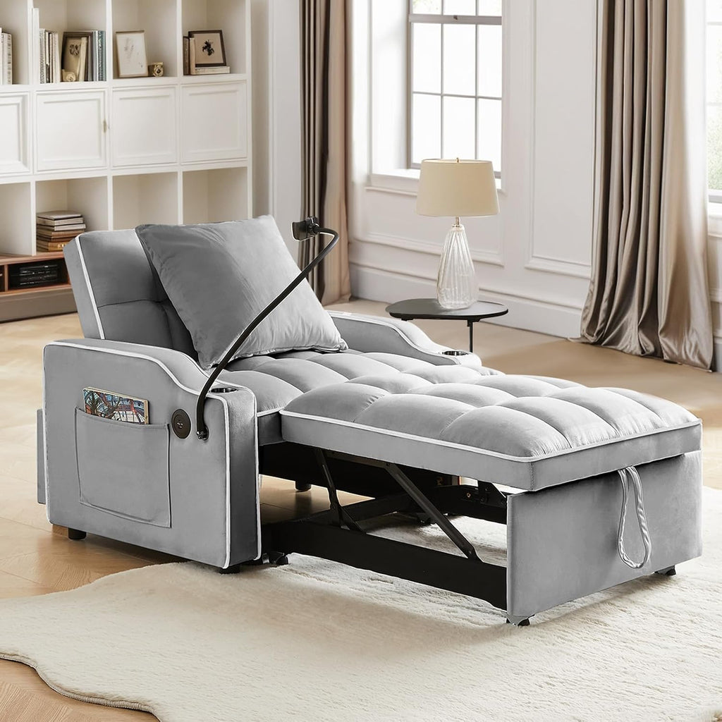 Antetek Sleeper Sofa Chair Bed with Charging Ports & Phone Holder & Cup Holder, Modern Velvet 3 in 1 Convertible Pull Out Single Sofa Chair Bed for Small Spaces Apartment, Light Grey