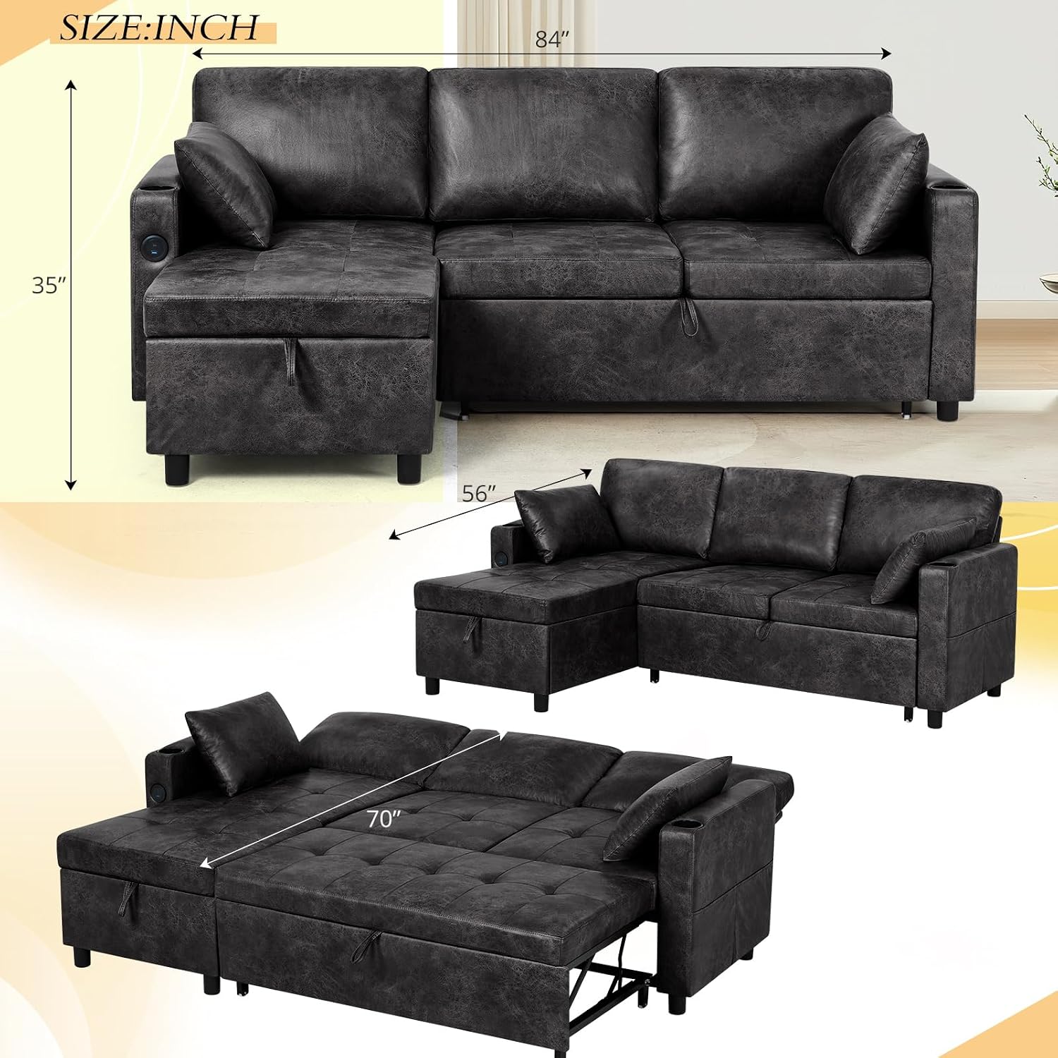 84' Suede Leather Pull Out Sofa Bed w/Adjustable Backrest, Sectional Sleeper Couch w/Storage Chaises and Armrest Pillows, U-Shape Sofa Bed w/USB Port for Living Room, House, Black