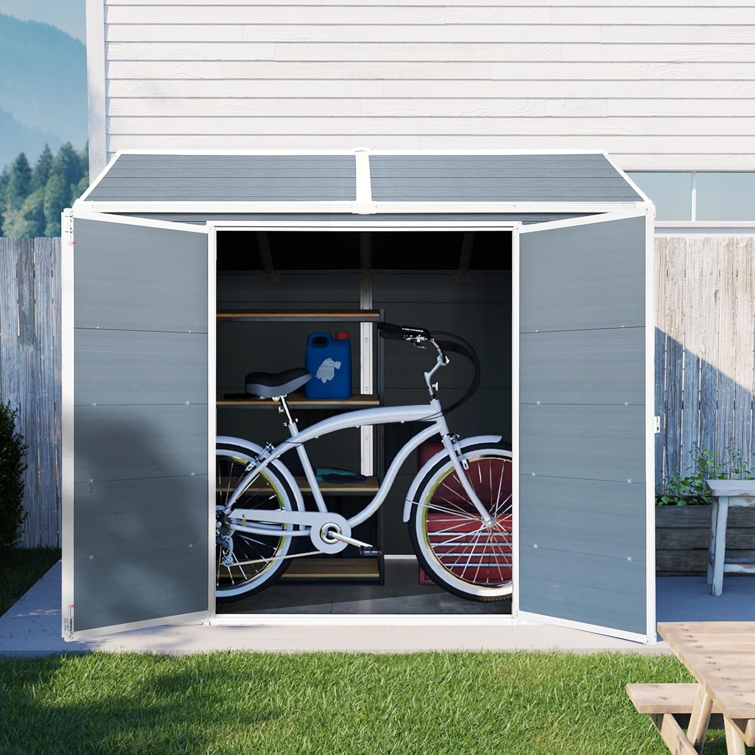 Outdoor Storage Shed with Two-Window and Double-Door, Resin Storage Shed with Lockable Door, Plastic Shed with Floor for Gargen, Patio, Yard, Lawn (Light Gray, 8 x 6 FT)