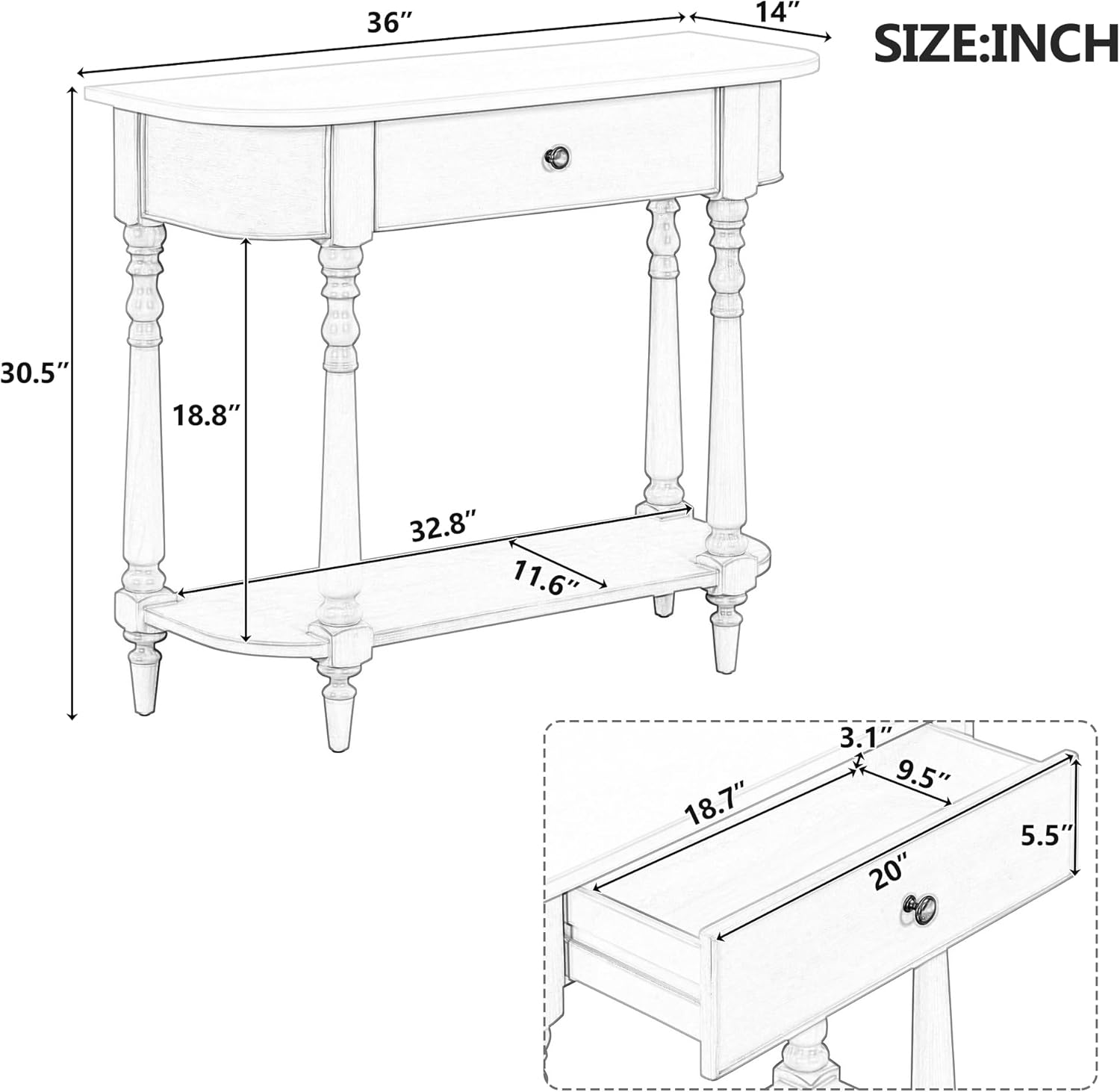 Small Curved Console Table 36-Inch Retro Farmhouse Wood Entry Sofa Table with Drawer & Storage Shelf for Living Room Hallway Entryway Furniture, White