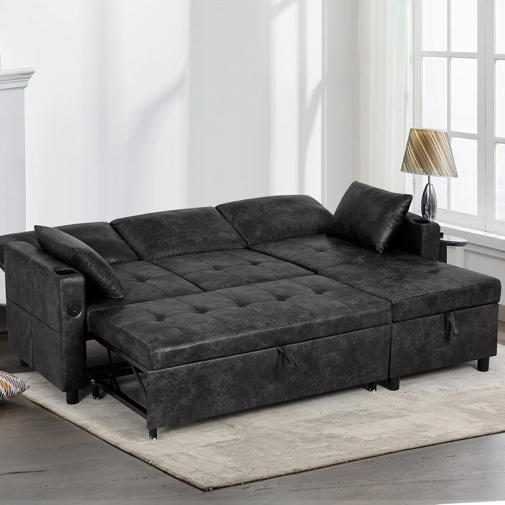 84' Suede Leather Pull Out Sofa Bed w/Adjustable Backrest, Sectional Sleeper Couch w/Storage Chaises and Armrest Pillows, U-Shape Sofa Bed w/USB Port for Living Room, House, Black