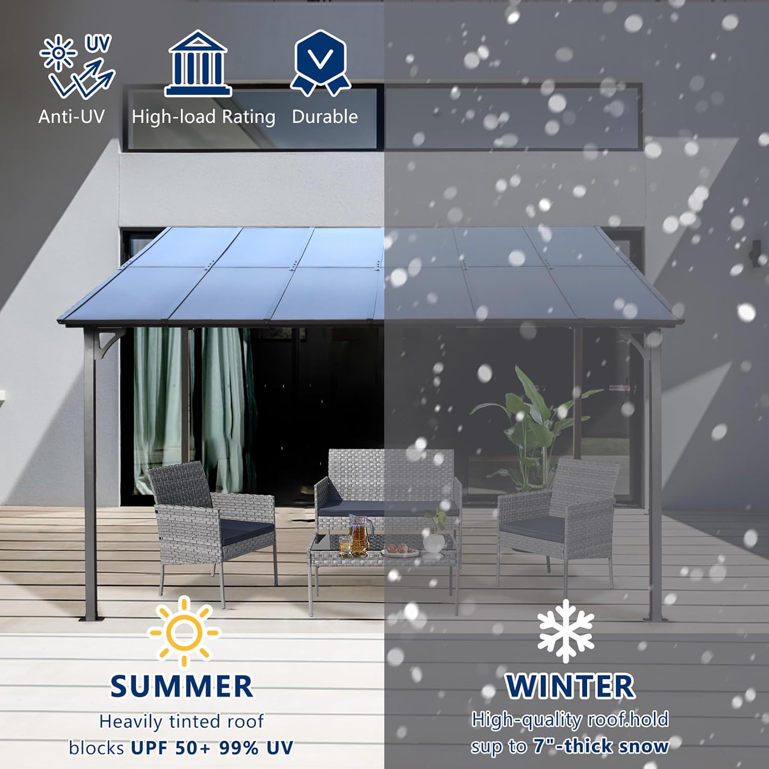 10' x 12' Outdoor Pergola Gazebo, Wall-Mounted Lean to Metal Awning Gazebo with Roof, Large Heavy Duty Garage Top Tent for Patio, Decks, Backyard