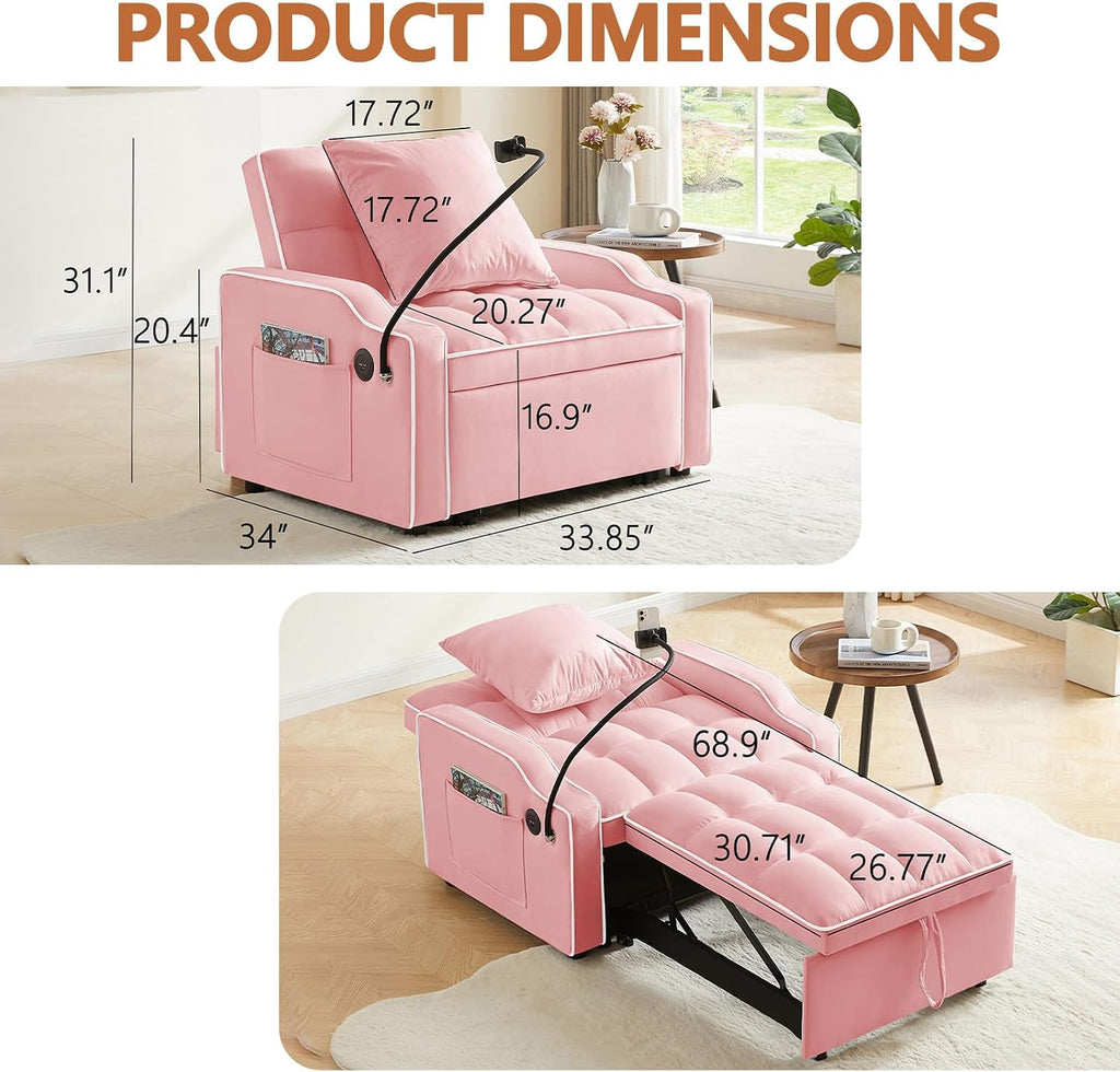Majnesvon Modern Velvet Fabric Sofa Bed Futon,3 in 1 Convertible Pullout Bed Couches with 3 Reclining Backrests,Phone Stand,Small Sofa Single Sleeper Chair Bed for Living Room Bedroom (Pink)
