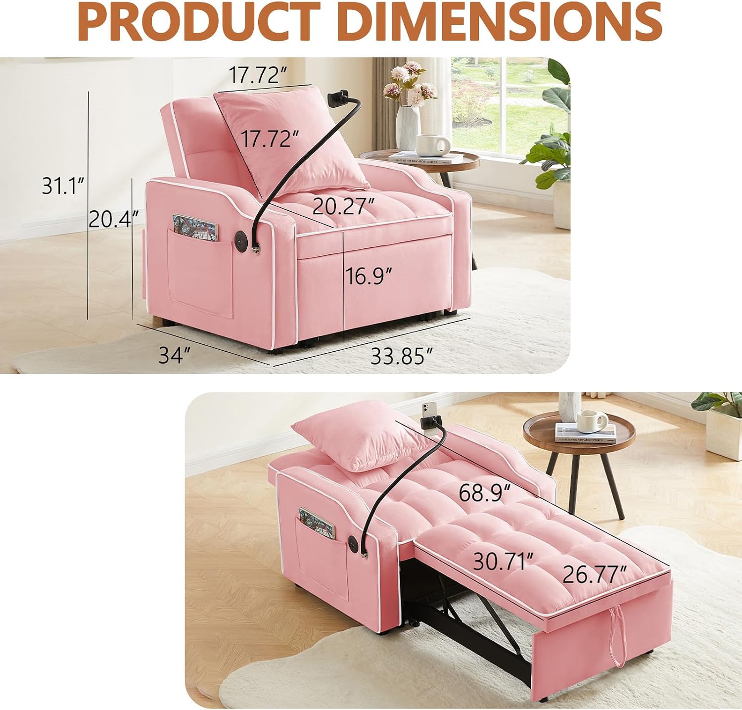 Majnesvon Modern Velvet Fabric Sofa Bed Futon,3 in 1 Convertible Pullout Bed Couches with 3 Reclining Backrests,Phone Stand,Small Sofa Single Sleeper Chair Bed for Living Room Bedroom (Pink)