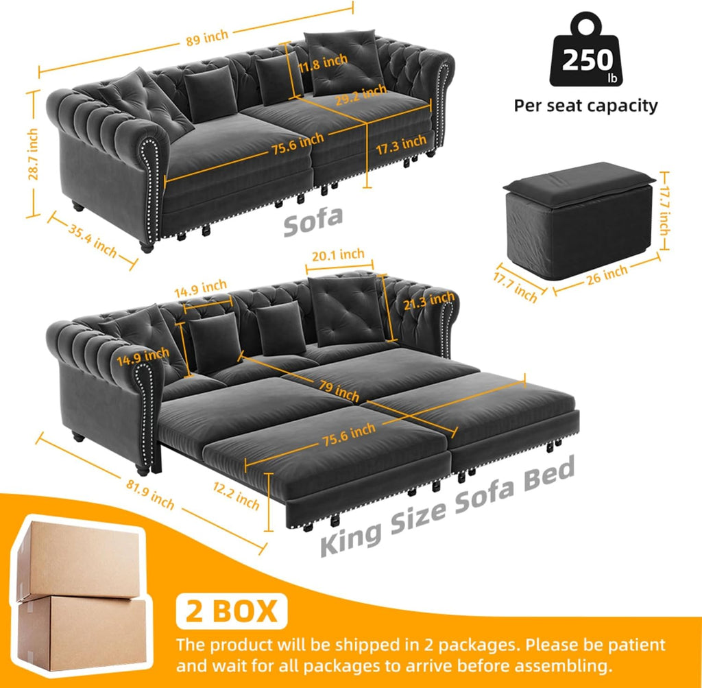 KEIKI 89' W 3-in-1 Pull-Out Convertible Chesterfield Sofa Bed, King Size Velvet Tufted Couch with Movable Ottoman, Chaise Lounge, 3-Seater for Living Room, Bedroom, Office, Gray