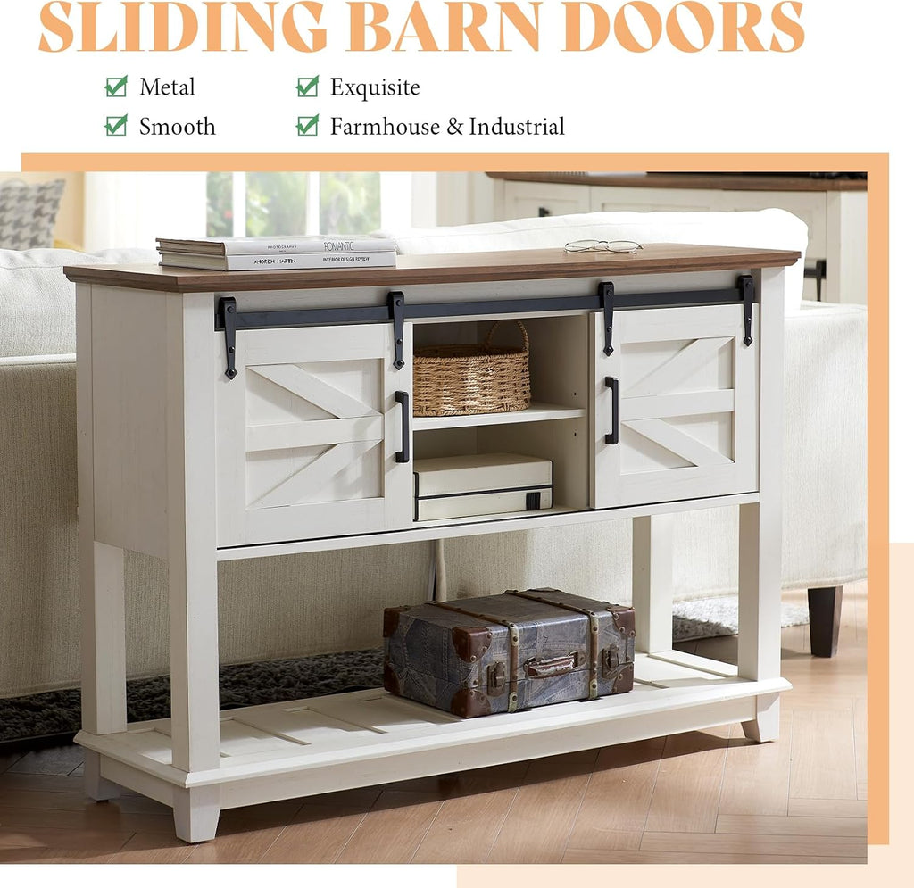 AMERLIFE Sofa Table with Sliding Barn Doors, TV Console Table, 46' Farmhouse Rustic Storage Entryway Table, Adjustable Open Shelves, Hallway, Living Room, Bedroom, Antique White
