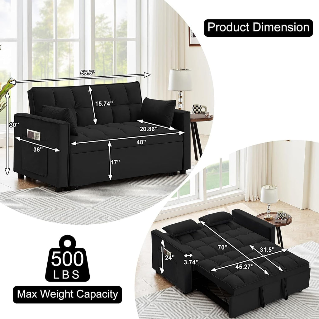 3 in 1 Convertible Sleeper Sofa Bed, 55' Pull Out Couches, Modern Loveseat Sleeper Sofa with Adjustable Reclining Backrest & Side Pockets for Living Room, Velvet Fabric, Classic Black