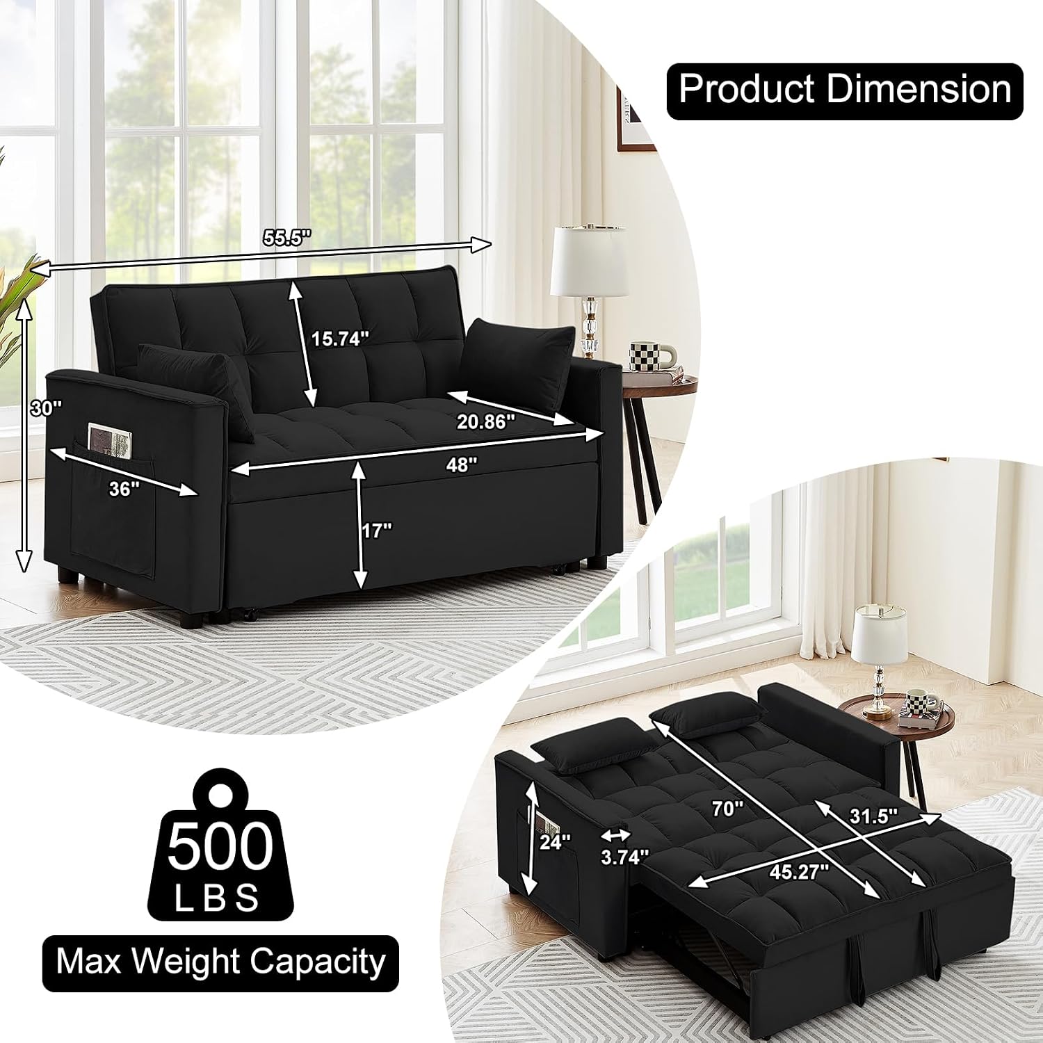 3 in 1 Convertible Sleeper Sofa Bed, 55' Pull Out Couches, Modern Loveseat Sleeper Sofa with Adjustable Reclining Backrest & Side Pockets for Living Room, Velvet Fabric, Classic Black