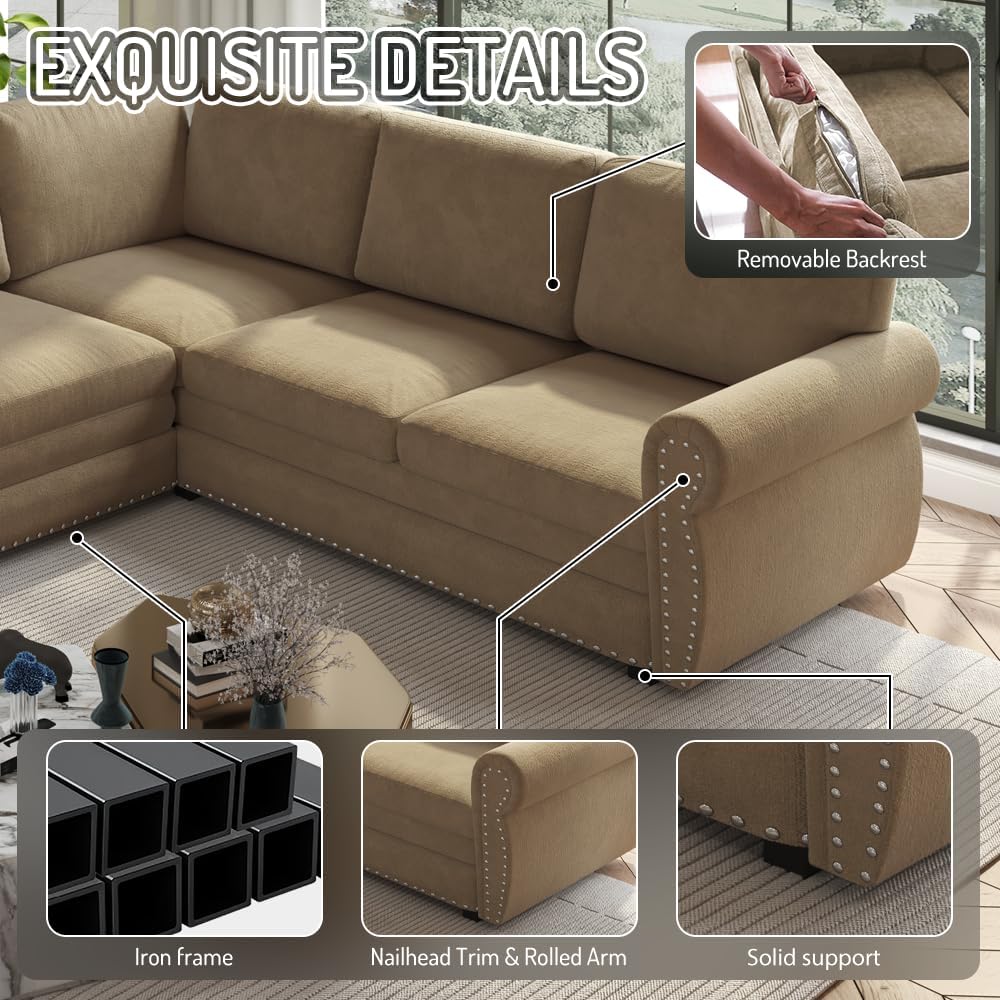118'' Pull Out Couch, Convertible Sleeper Sofa Bed, Upholstered Sectional Sofa, Chenille L-Shaped Couch with Nailhead Trim, 6-Seater Modern Sectional Couches for Living Room,Bedroom, Camel