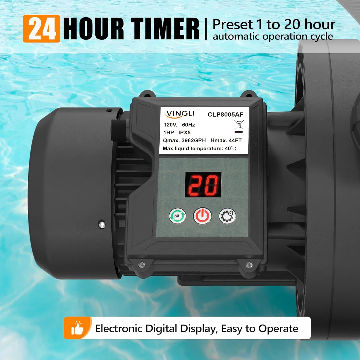 (24H Timer) VINGLI Sand Pool Filter 19in Tank With A 1HP Pump 115V Above Ground Pool Pump with Filter Basket,3962 GPH