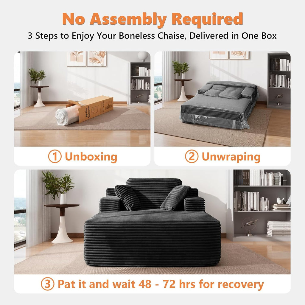 67' Oversized Chaise Lounge Chair Indoor with Ottoman and Double Side Pockets, Corduroy Deep Seat Couch, Boneless Couches for Living Room, No Assembly, Black