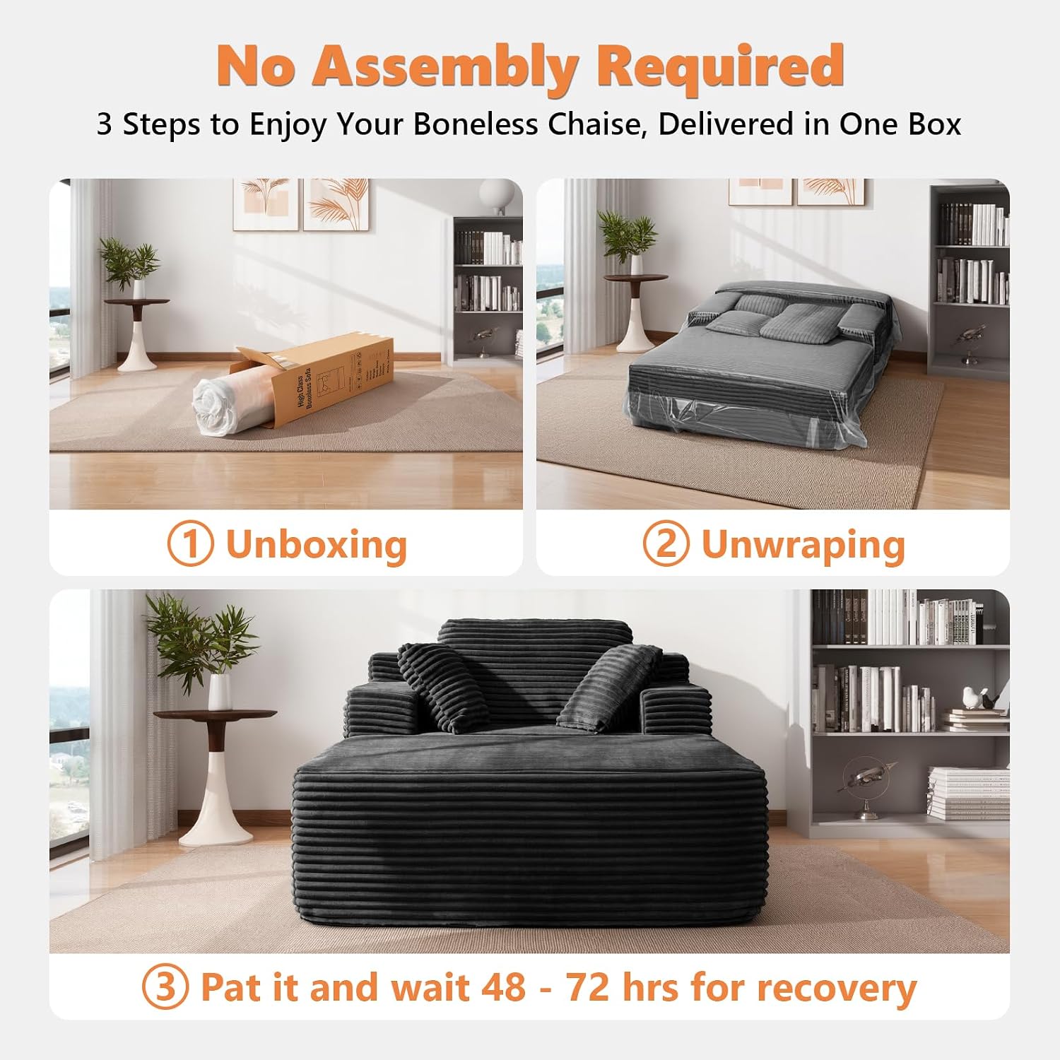 67' Oversized Chaise Lounge Chair Indoor with Ottoman and Double Side Pockets, Corduroy Deep Seat Couch, Boneless Couches for Living Room, No Assembly, Black