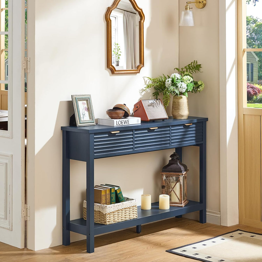 LEYAOYAO Fluted 47.2' Console Table with 3 Drawers, Modern Wood 2 Tier Entryway Table with Open Storage Shelf, Sofa Entry Tables Behind Couch for Living Room, Hallway, Entrance Foyer, Dark Navy Blue