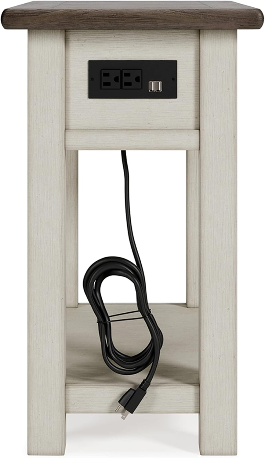 Signature Design by Ashley Bolanburg Chairside End Table With Charging Station, Two-Tone Wood Accent Table With Drawer Storage, Plank Top Design for Living Room or Bedroom, Antique White