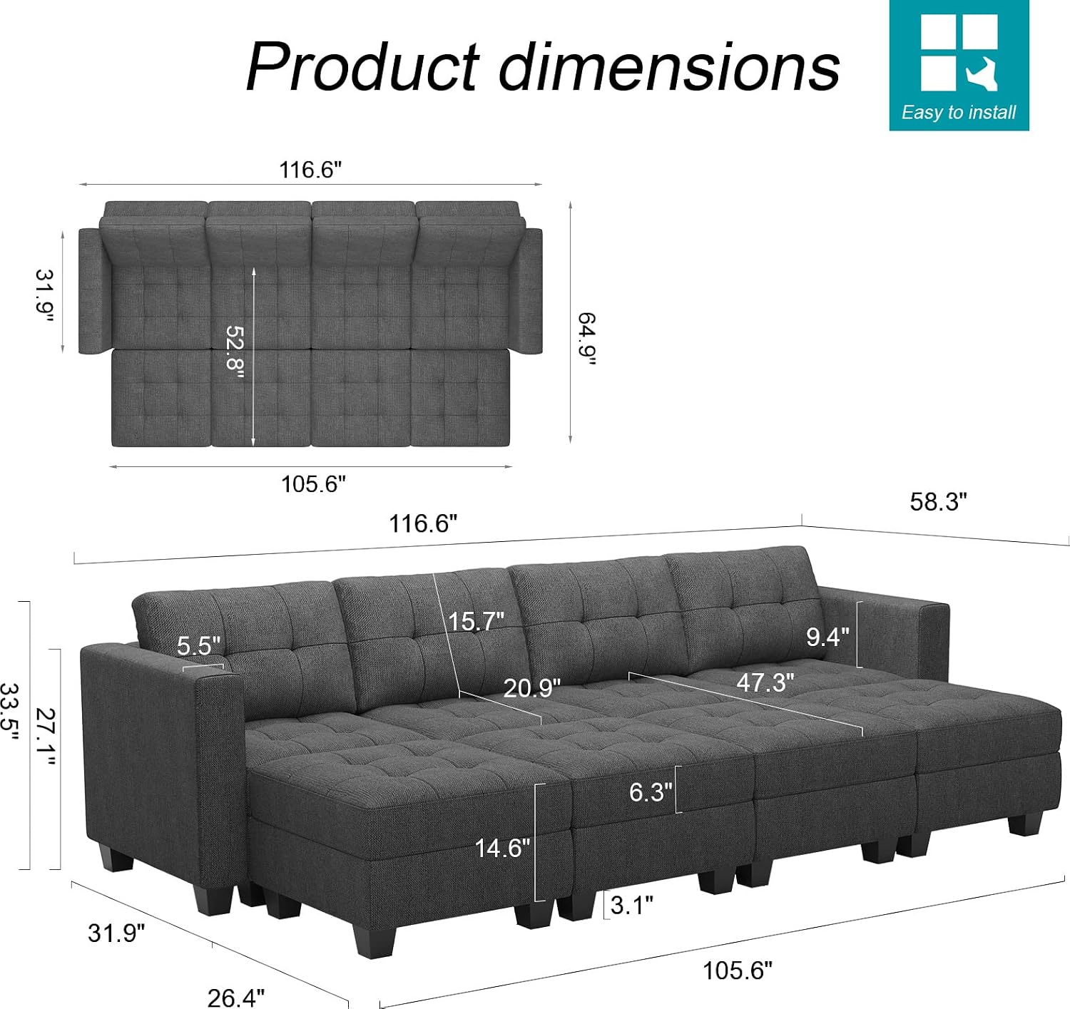 Belffin Storage Modular Sleeper Sofa Sectional Couch with Wide Chaises Convertible Sectional Sofa Bed Modular Sleeper Couch Bed Dark Grey