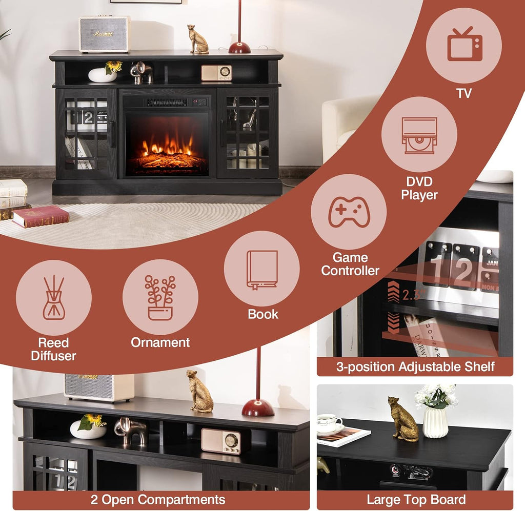 COSTWAY Electric Fireplace TV Stand for TVs Up to 55 Inches, 18-Inch Fireplace Insert with Remote, Overheat Protection, 48-Inch Wooden Media Entertainment Center with Adjustable Shelves, Black