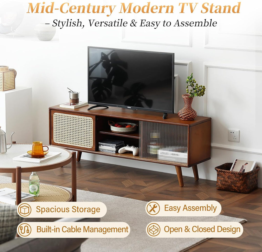 Tiita Rattan TV Stand for 55 Inch TV, Bamboo TV Cabinet with Adjustable Shelf and Storage, Boho Entertainment Center, Mid Century Modern Media Console for Bedroom, Living Room, Study, Walnut