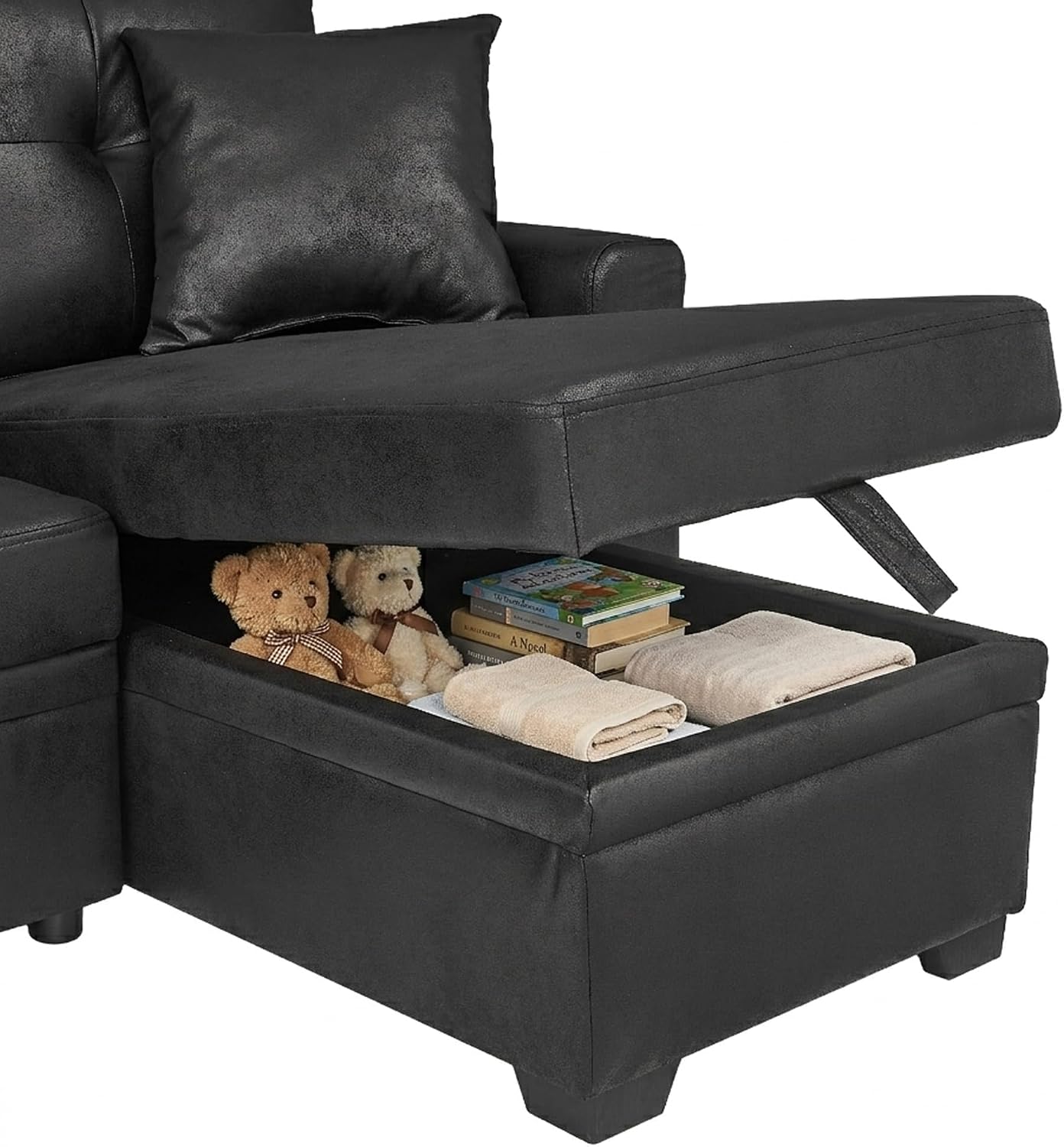 71' L-Shaped Couch with Pull Out Bed, Modern Sofa Bed Couch with Storage, Foil Fabric Convertible Sleeper Sofa, Multi-Functional Sectional Couches for Living Room, Apartment, Black
