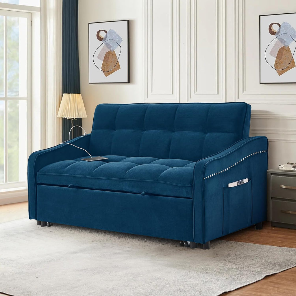 Antetek 3 in 1 Sleeper Sofa Couch Bed with USB & Type C Port, 52' Small Modern Convertible Tufted Velvet Loveseat Sofa w/Pull Out Bed for Living Room Small Space Apartment, Blue