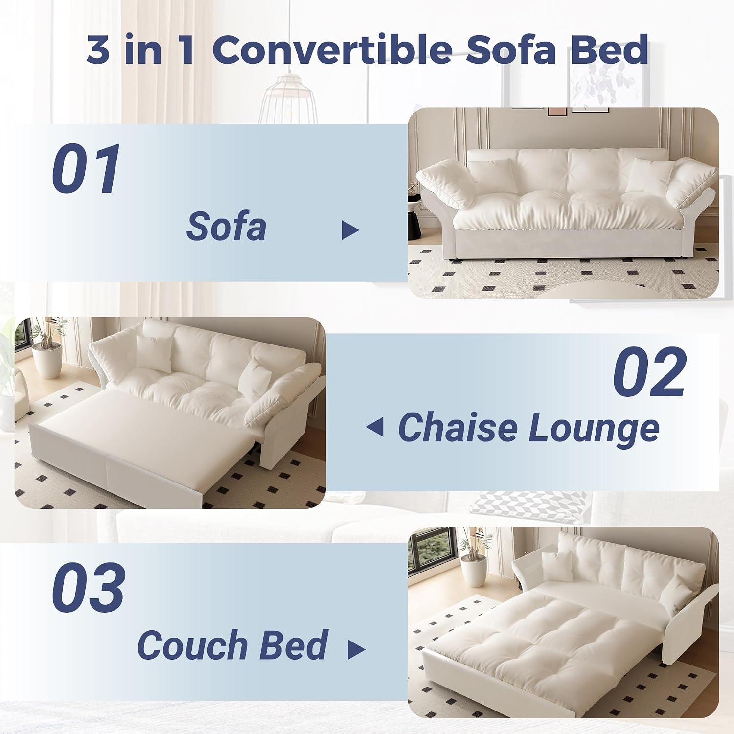 74.8' Queen Size Sleeper Sofa with Pull Out Bed, 3-in-1 Convertible Loveseat Sofa with 2 Pillows, Portable Pull Out Chaise for Living Room Apartment Small Spaces, Beige
