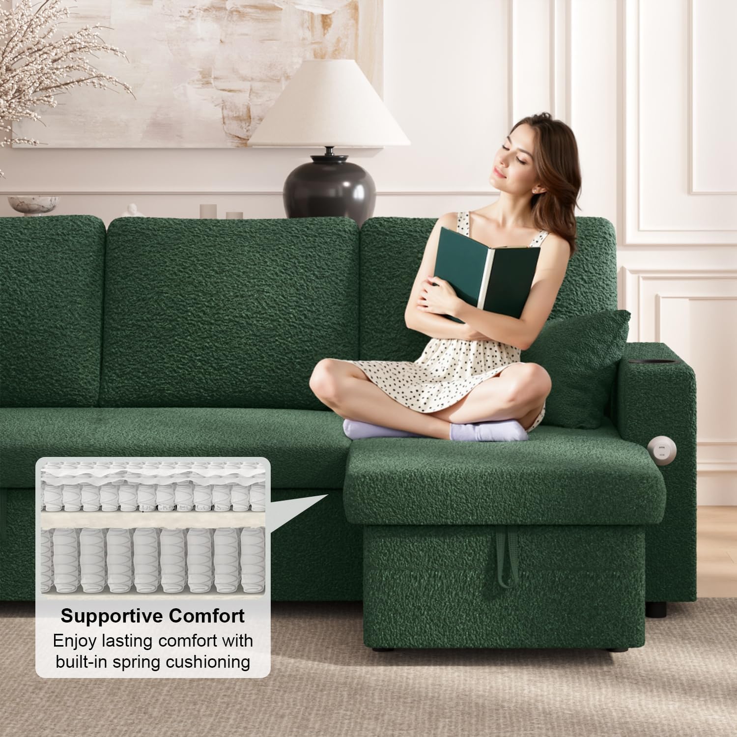 KCGKCG Sleeper Sofa Bed, 4-in-1 Pull Out Couch with Reversible Chaise | Dual USB & Type-C Charging | Dual Cup Holders | Layered Storage (Armrest + Chaise) for Living Room (Classic Green)