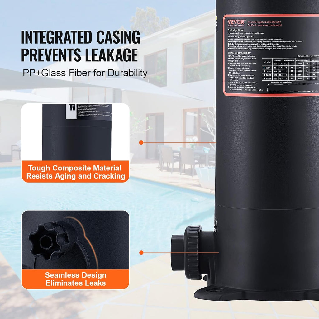 VEVOR 2026 Pro Pool Cartridge Filter Tank & Element for Above Ground & Inground Pools, Large 50Sq. Ft Cleaner System Compatible W/Pumps 1/3 to 1 HP| Up to 2483 GPH |for Pools Up to 19866 Gallons