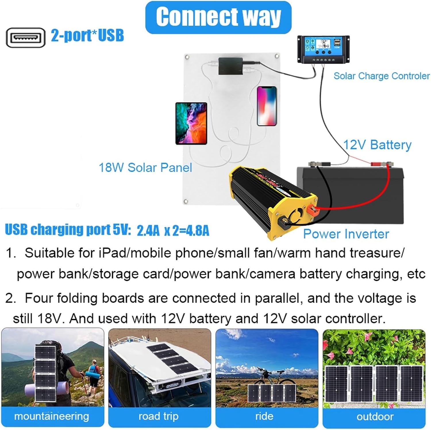 Inverter Solar Panel Kit 4000W 6000W 12V to 110V/220V Solar System Combo Solar Generator Home Grid System 50W Folding Photovoltaic Panel + 50A Controller(4000W,12V-220V)