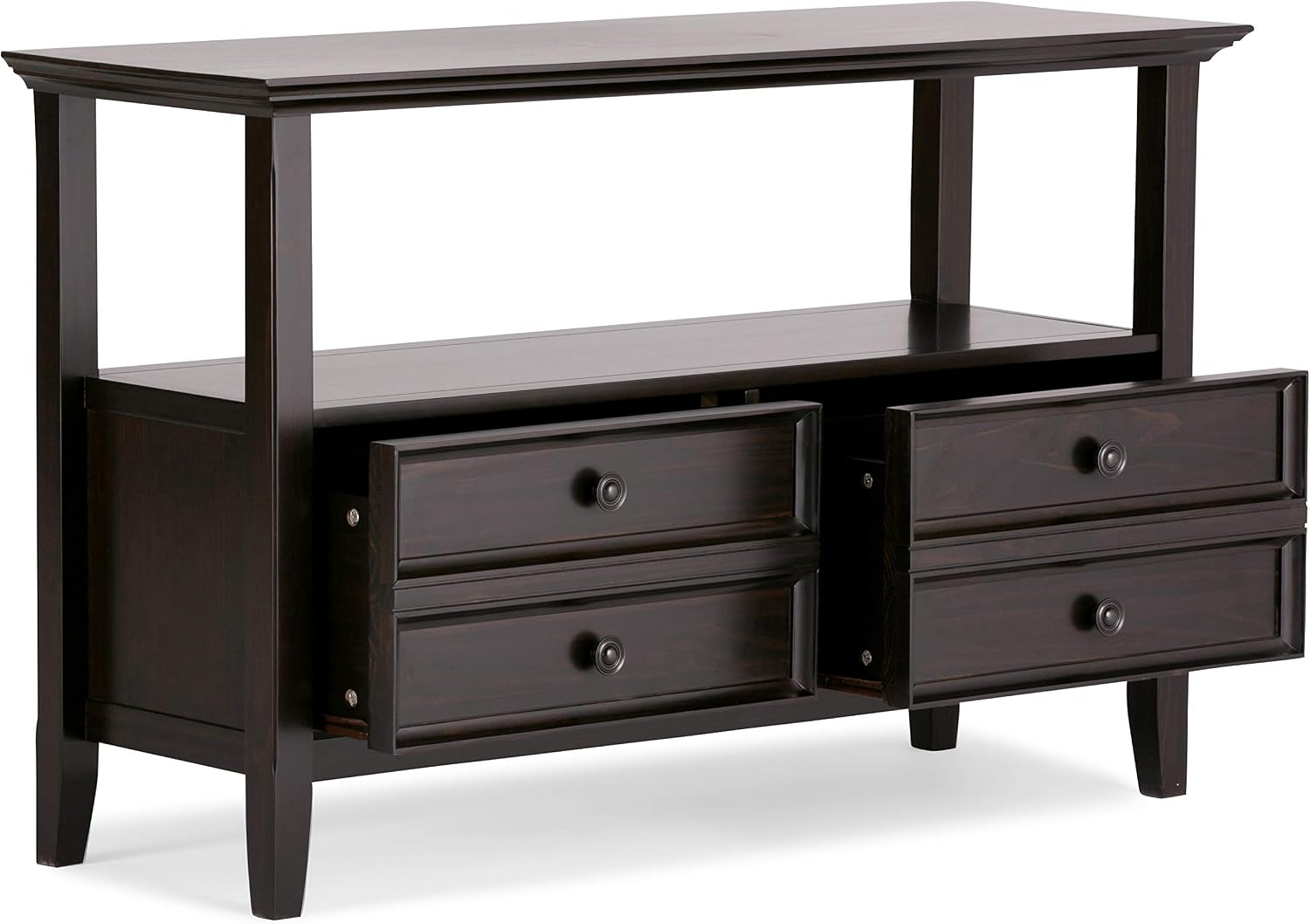 SIMPLIHOME Amherst Console Table - 48 Inch Wide Solid Wood Sofa Table in Hickory Brown, Transitional Storage Table for Entryway or Living Room with 2 Deep Drawers and Large Open Shelf