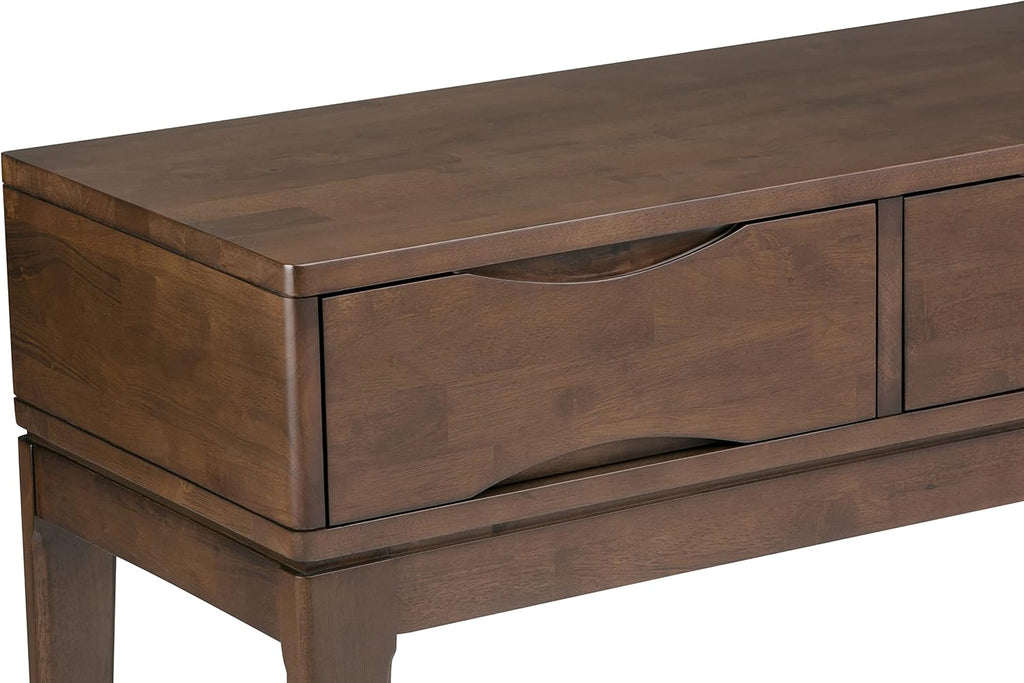 SIMPLIHOME Harper Console Table - 54 Inch Wide Solid Hardwood Sofa Table in Walnut Brown, Mid-Century Modern Storage Table for Entryway or Living Room with 3 Drawers, Notched Handles, and Tapered Legs
