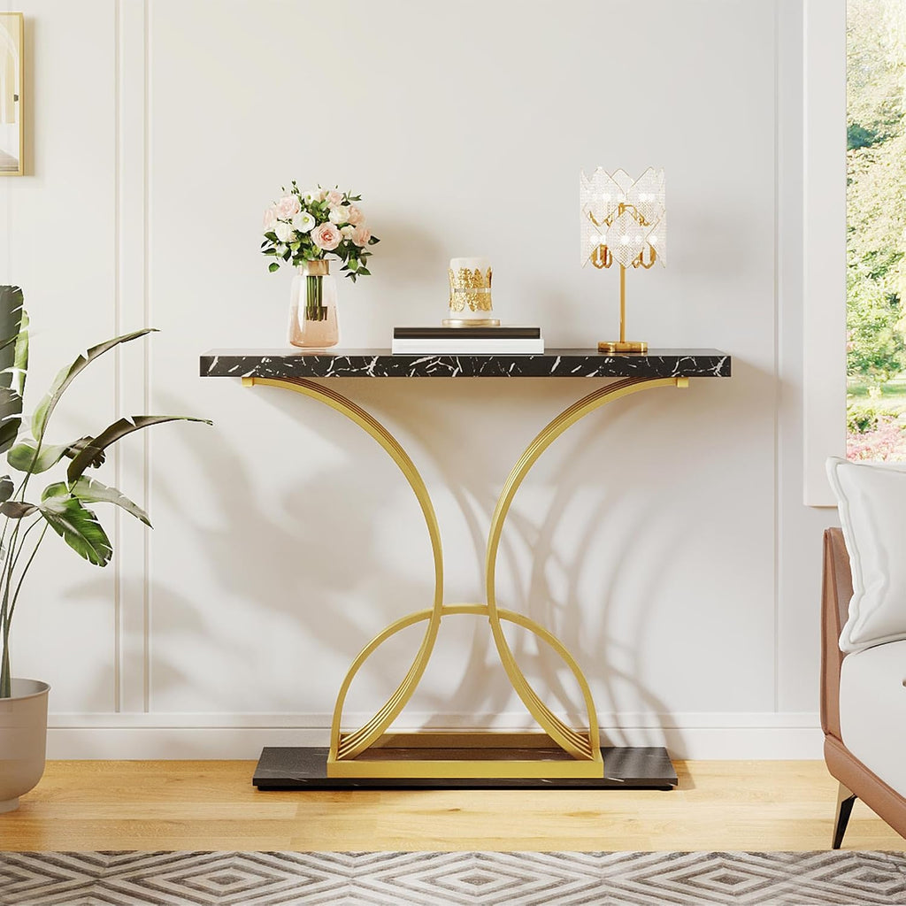YITAHOME Gold Console Table, Modern Sofa Table for Living Room, Hallway, 40 inch Narrow Entryway Table, Faux Marble Black