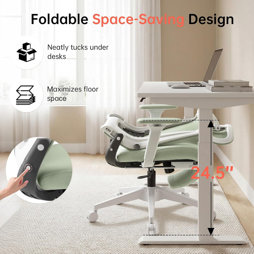 Foldable Office Chair with Foot Rest, Ergonomic Office Chair with Adjustable Lumbar Support, Headrest, Armrest, Home Office Desk Chair for Space Saving, Work from Home, Green