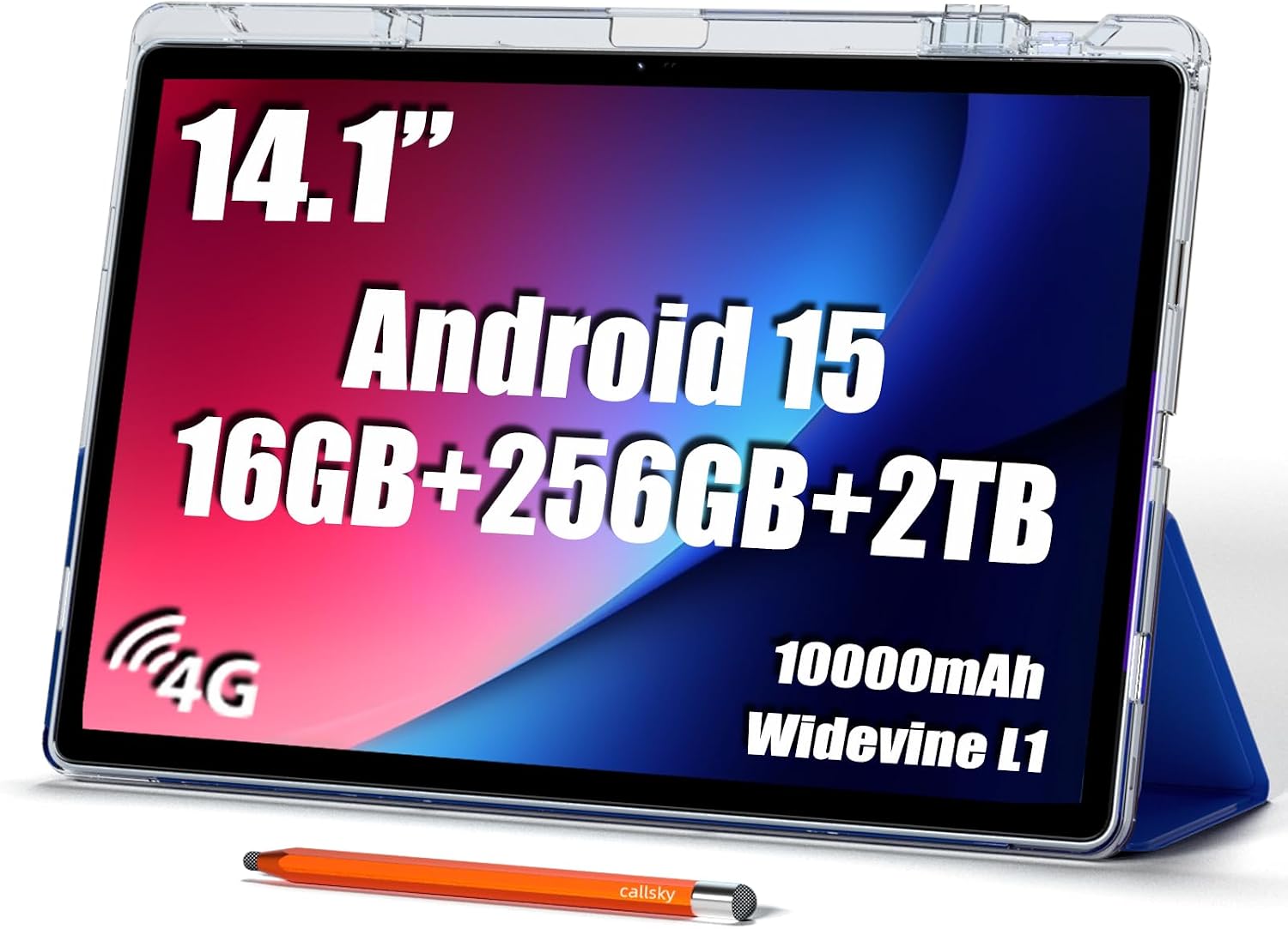 14 inch Large Screen Tablet, Android 15 Tablet 16GB RAM 256GB ROM, 1920 * 1200 IPS FHD Display, Widevine L1, 10000mAh 18W Charging, Wi-Fi & Bluetooth, 4G LTE, with Stand Case & Stylus