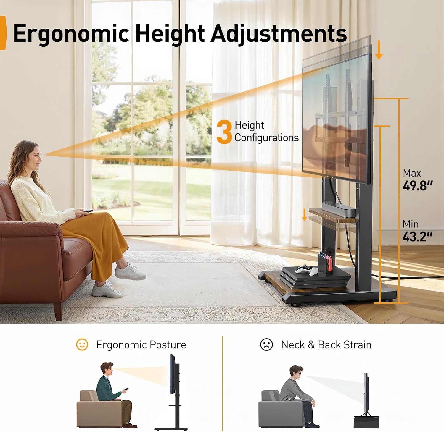 Perlegear Floor TV Stand for 50–110″ TVs with Power Strip, Holds Up to 250 lbs, Universal Standing TV Mount with Adjustable Shelf & Feet, Max VESA 800x600mm, Tall TV Stand for Living Room, PGFS20B