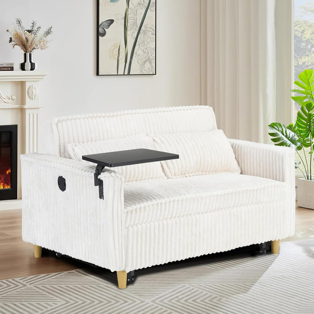 54'W Convertible Sleeper Sofa Bed,3-In-1 Corduroy Pull Out Couch Bed,Futon Loveseat Sleeper Couch with Adjustable Backrest & USB Ports & Side Table,Recliner for Office/Living Room/Small Space(Beige)