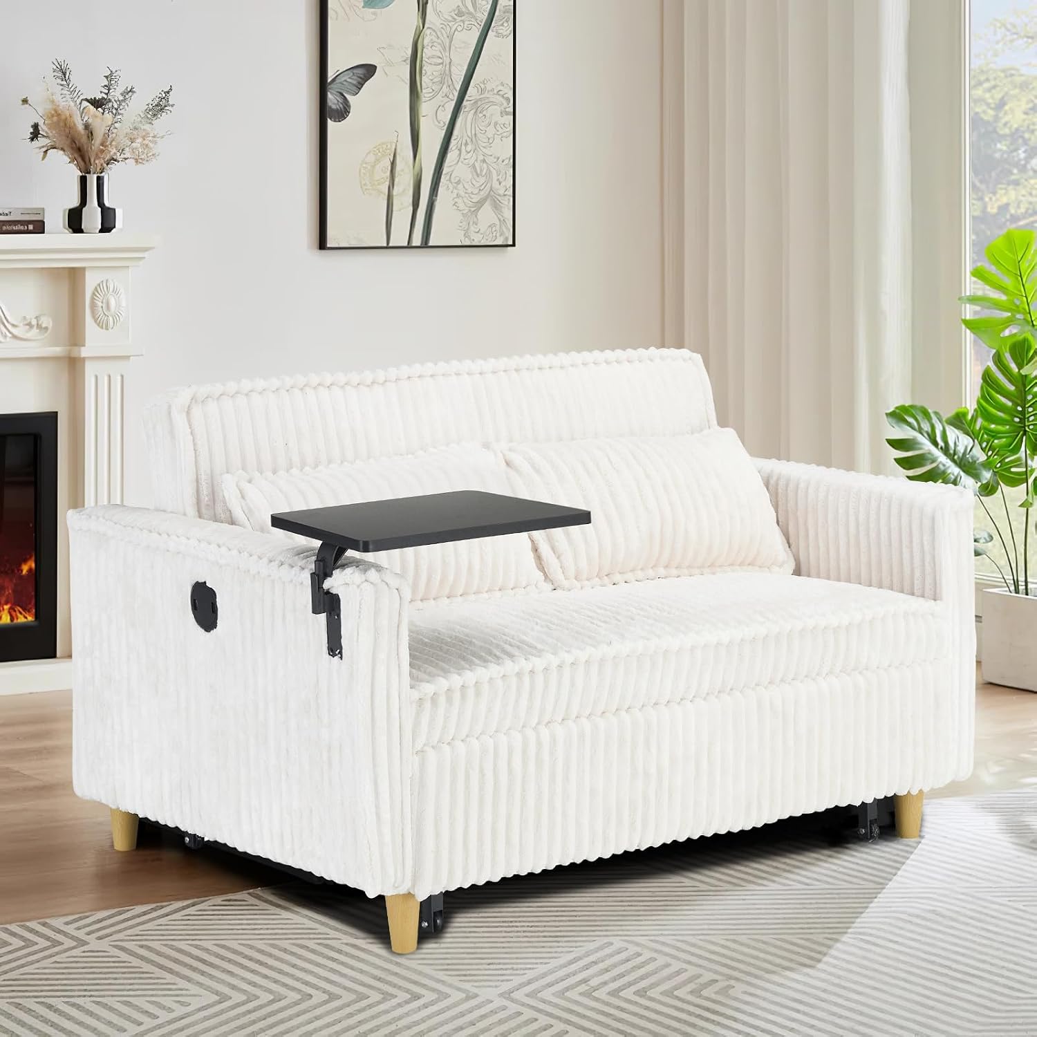 54'W Convertible Sleeper Sofa Bed,3-In-1 Corduroy Pull Out Couch Bed,Futon Loveseat Sleeper Couch with Adjustable Backrest & USB Ports & Side Table,Recliner for Office/Living Room/Small Space(Beige)