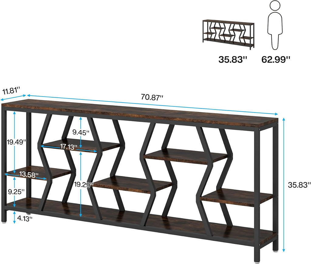 Tribesigns 70.9 Inches Sofa Console Table with 4 Tier Wood Storage Shelves, Industrial Extra Long Narrow Entryway Accent Tables for Hallway, Living Room, Foyer (Rustic Brown)