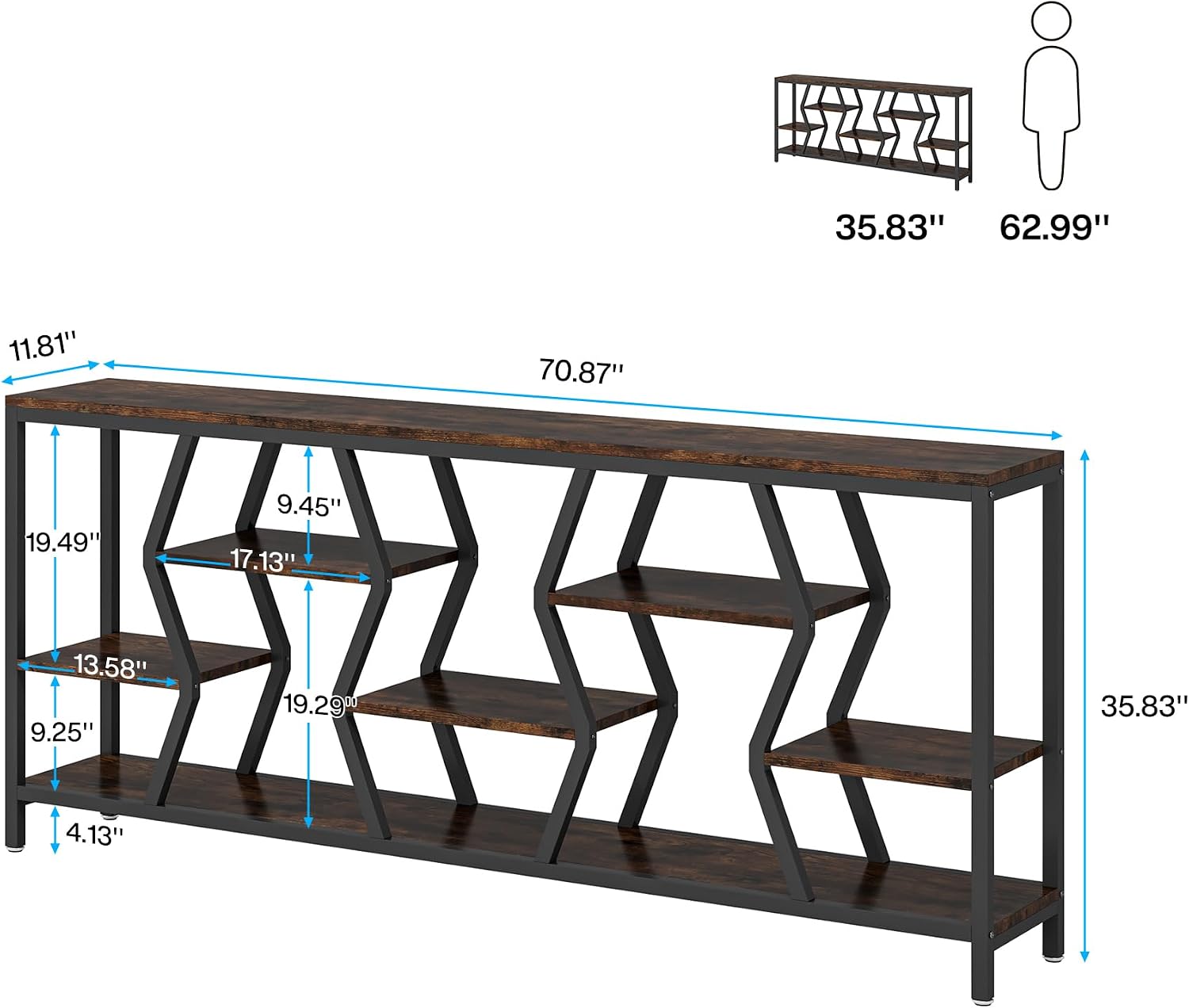 Tribesigns 70.9 Inches Sofa Console Table with 4 Tier Wood Storage Shelves, Industrial Extra Long Narrow Entryway Accent Tables for Hallway, Living Room, Foyer (Rustic Brown)