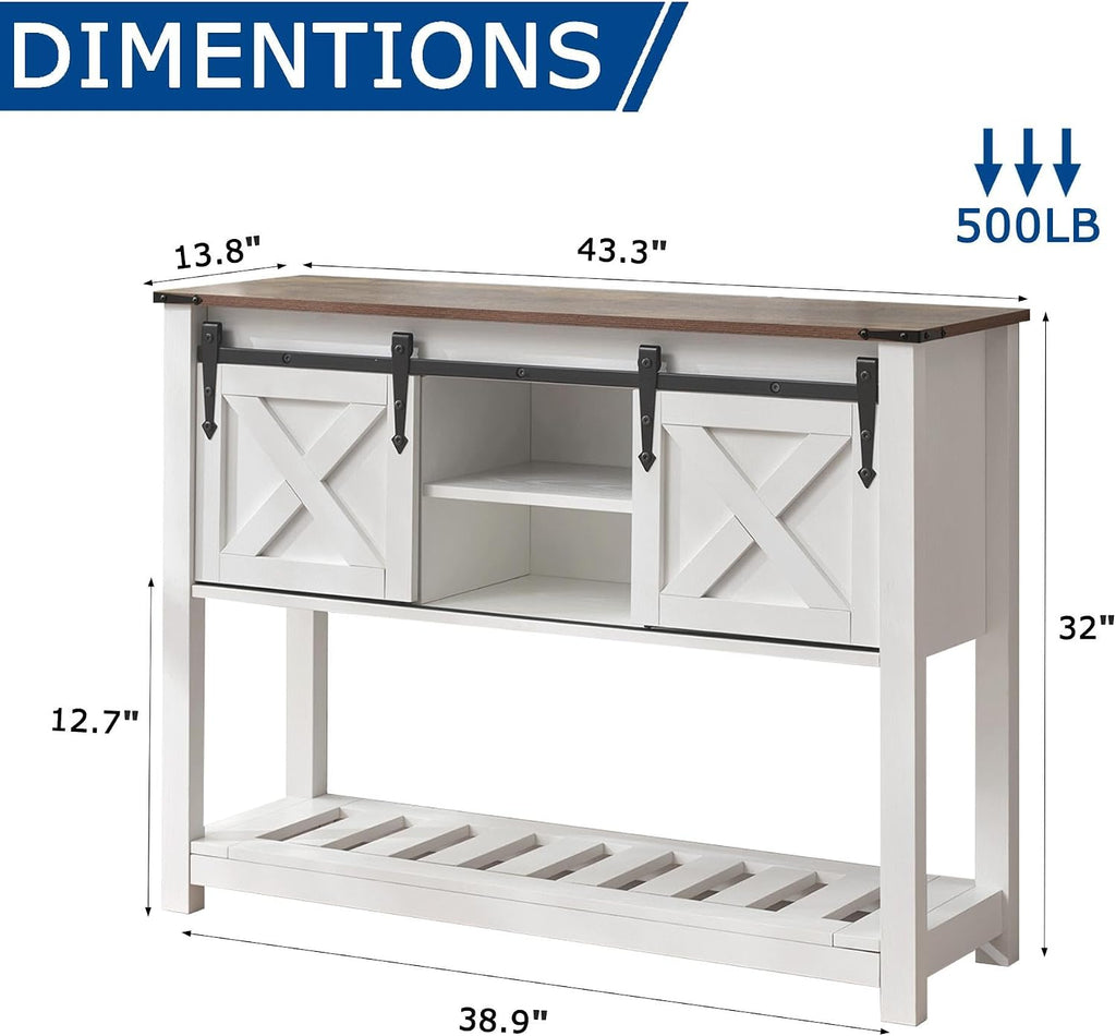 White Farmhouse Entryway Table, Rustic Hallway Table with Storage Shelf, Sofa Table with Sliding Barn Doors for Hallway, Entryway, Living Room, Foyer