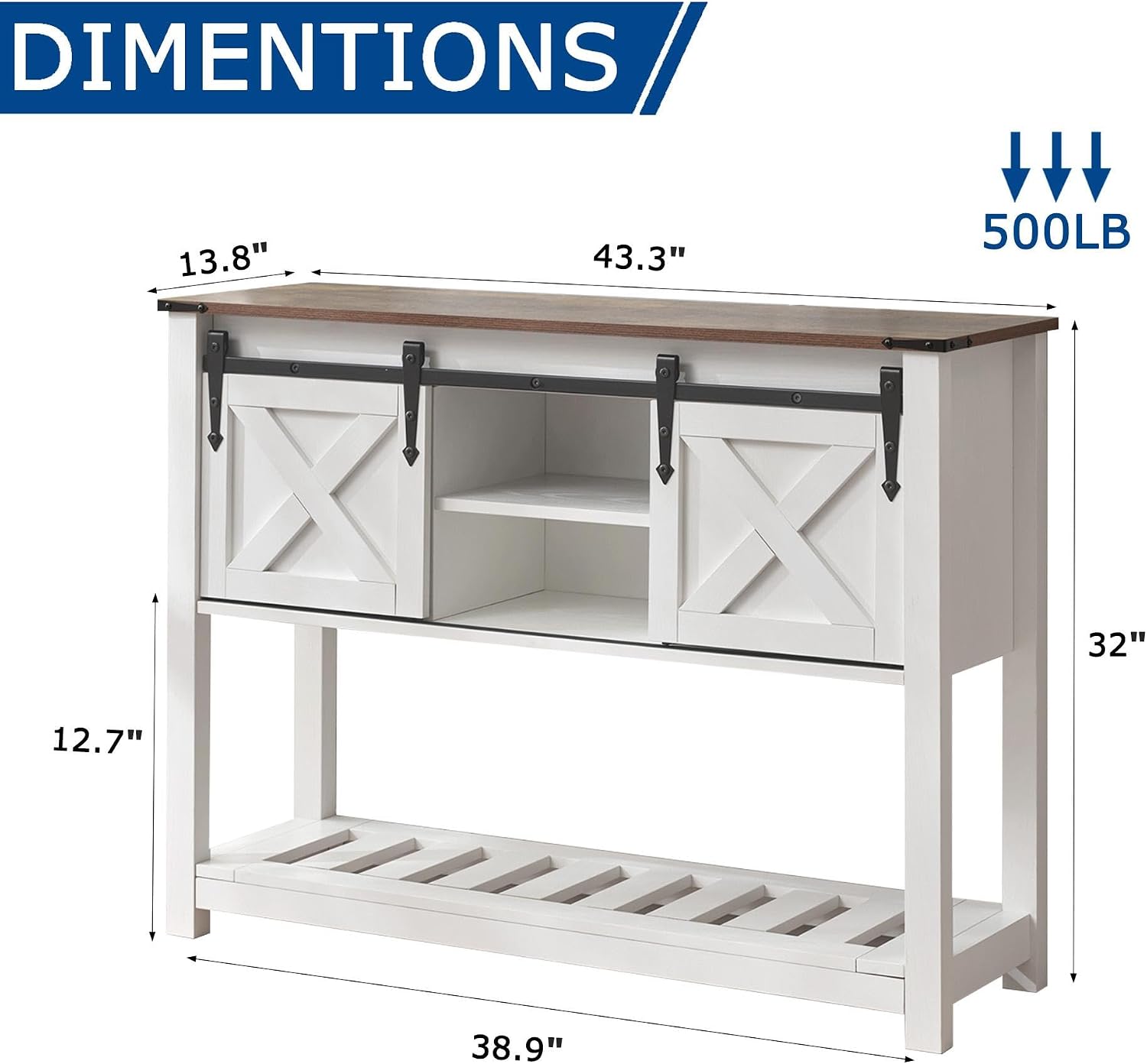 White Farmhouse Entryway Table, Rustic Hallway Table with Storage Shelf, Sofa Table with Sliding Barn Doors for Hallway, Entryway, Living Room, Foyer