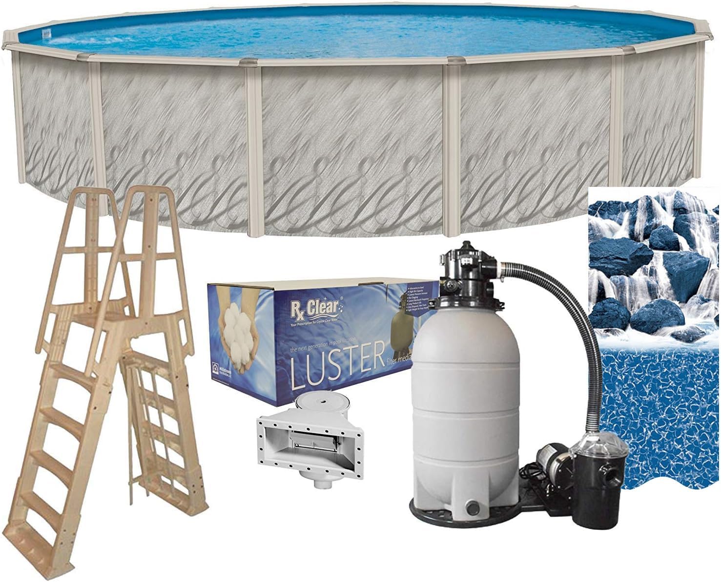 Lake Effect Pools 'Meadows Reprieve' 15 ft Round Above Ground Swimming Pool Bundle | 52 Inch Height | Steel Sided Walls | Kit Includes: 25 Gauge Liner, A-Frame Ladder, Sand Filter/Pump, & Skimmer