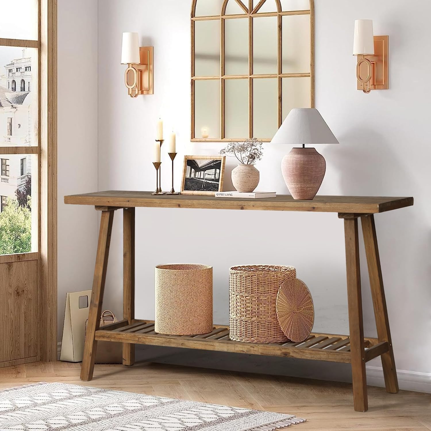 HOKYHOKY Reclaimed Solid Wood Console Table, 59' Long Farmhouse Entryway Tables, Rectangular Couch Table Behind Sofa, 2 Tiers Accent Tables for Hallway, Entrance, Foyer, Living Room