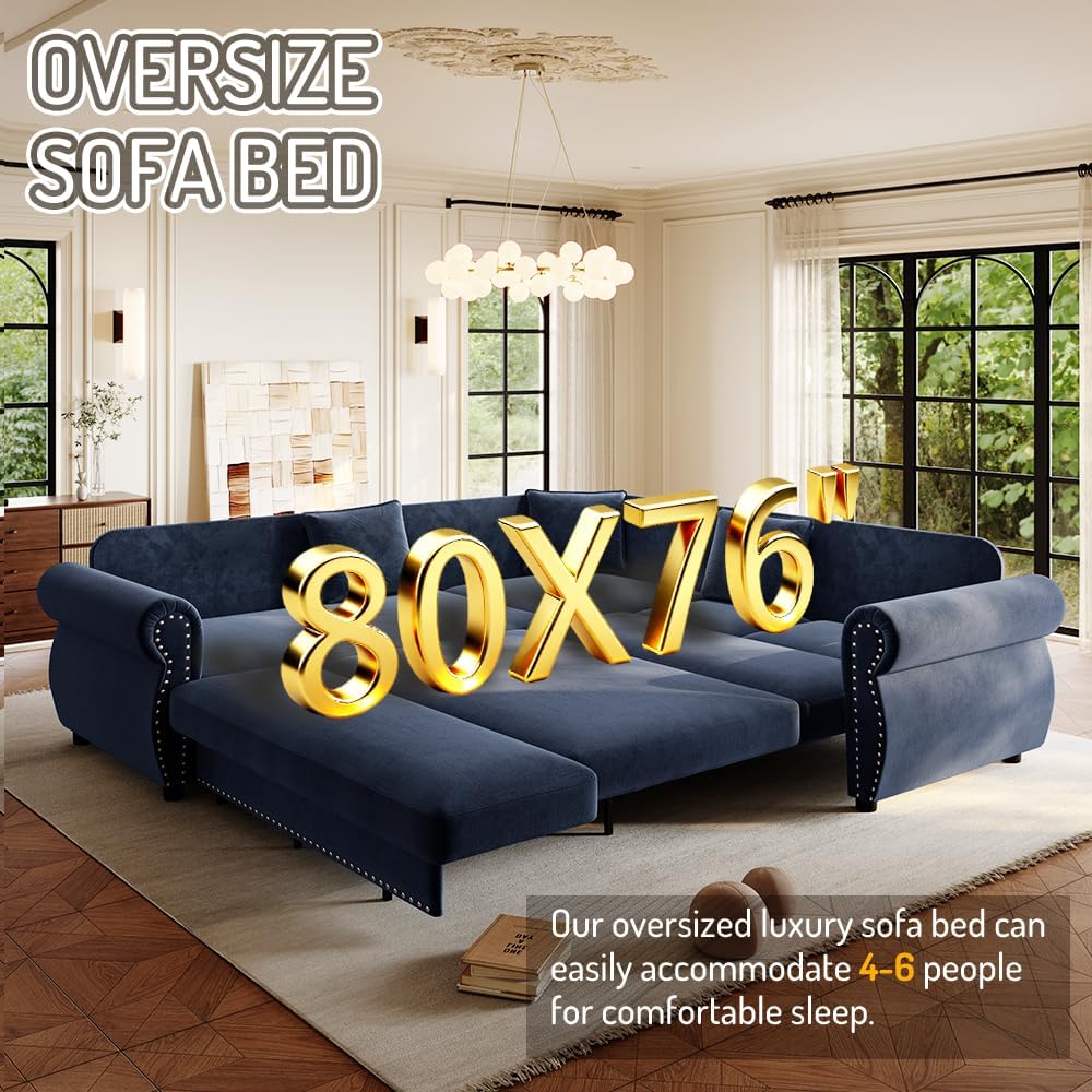 88.2'' Pull Out Couch, Convertible Sleeper Sofa Bed, Upholstered Sectional Sofa, Chenille L-Shaped Couch with Nailhead Trim, 4-Seater Modern Sectional Couches for Living Room, Apartment,Blue