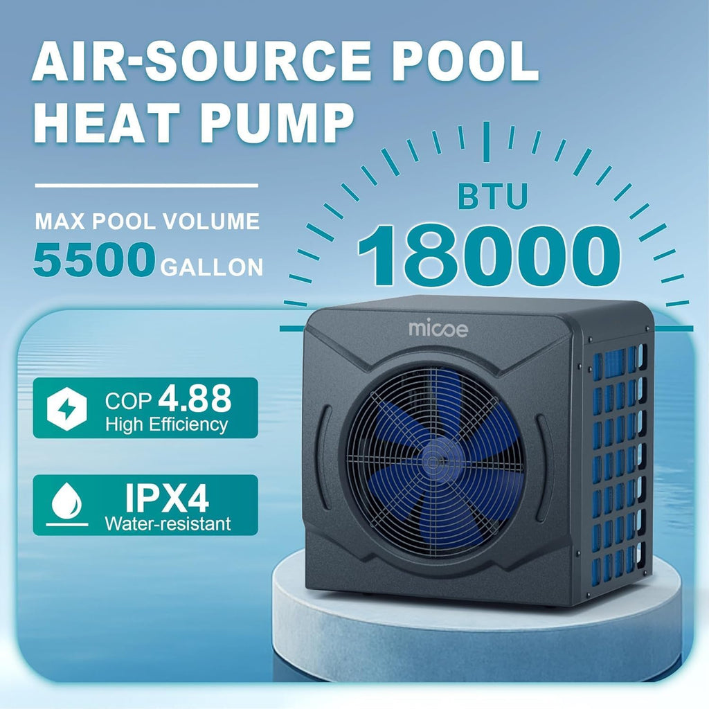 MICOE 18000 BTU Swimming Pool Heat Pump, Pool Heater for Above Ground & Inground Pools, Heating and Cooling up to 5,500 Gallons, High Efficiency COP 4.88, App Control, Titanium Heat Exchanger