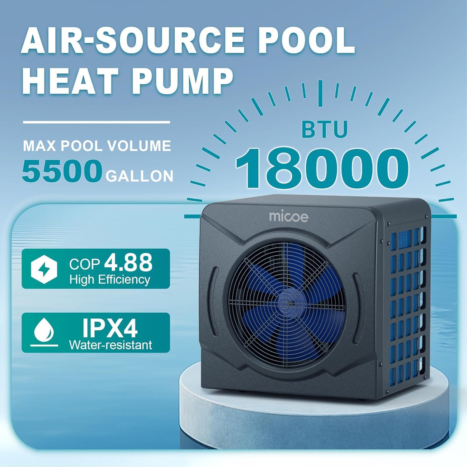 MICOE 18000 BTU Swimming Pool Heat Pump, Pool Heater for Above Ground & Inground Pools, Heating and Cooling up to 5,500 Gallons, High Efficiency COP 4.88, App Control, Titanium Heat Exchanger
