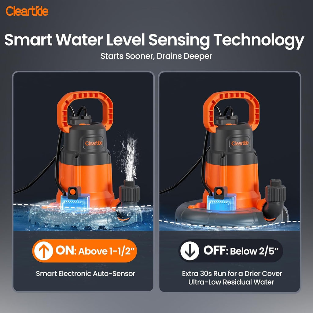 Cleartide Smart Automatic Water Pool Cover Pump,Submersible Pump Removes Water from Inground/Above Ground Winter Swimming Pools, 1/3 HP 2790 GPH, Auto On/Off & Freeze Protection, 25ft Cord, 120V AC