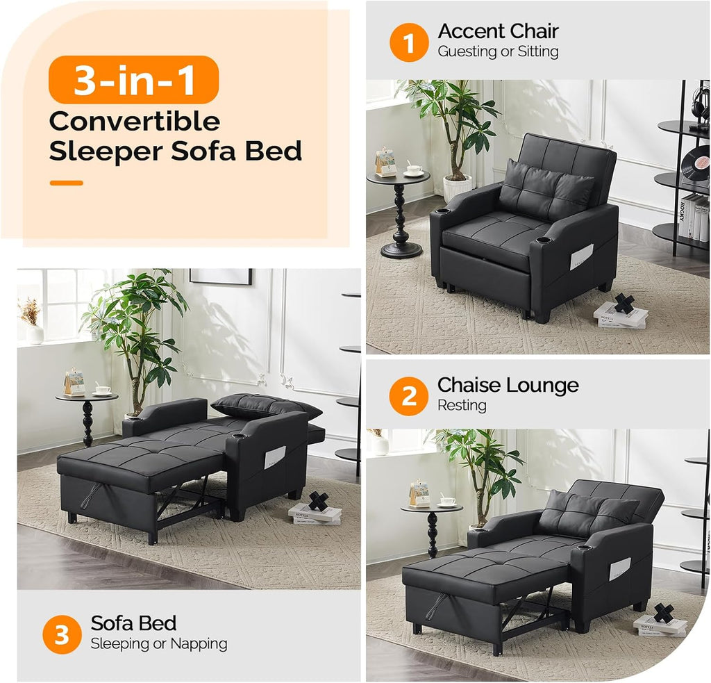 VINGLI Sleeper Chair 3-in-1 Convertible Sofa Bed Adjustable Recliner Sofa Modern Pull Out Couch Bed with 2 USB Ports 2 Cup Holders 2 Side Pockets for Living Room Bedroom Small Spaces, Black