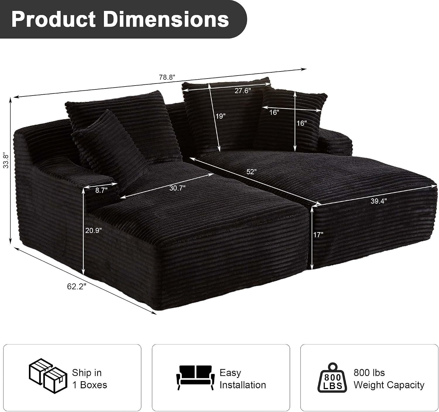 Tmsan 78.8' Oversized Double Chaise Lounge Sofa Indoor, Corduroy Boneless Couch Bed Comfy Foam Compressed Cloud Loveseat Sleeper Chair for Living Room Apartment Office